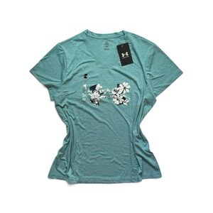 Under Armour Tech Twist V-Neck Graphic Tee Aqua Blue Heather Floral Logo Large